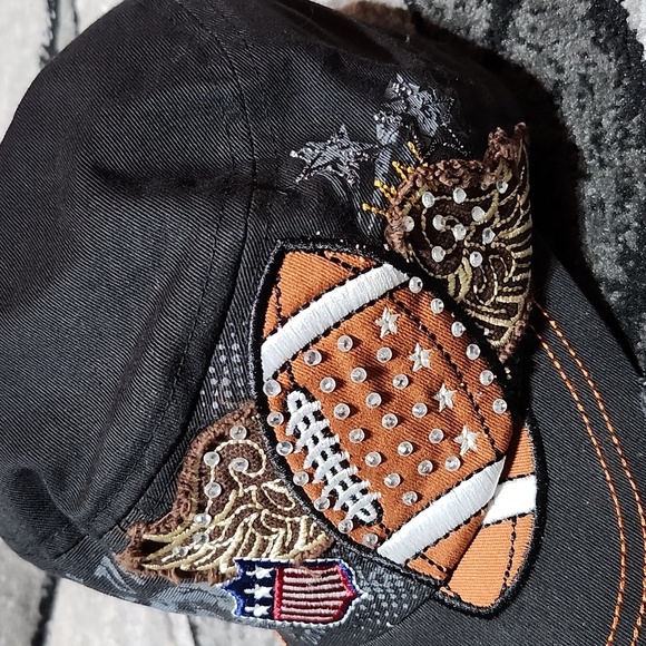 EMBROIDERED FOOTBALL ANGEL WINGS STARS DISTRESSED RHINESTONES CADET CAP HAT - Picture 3 of 15